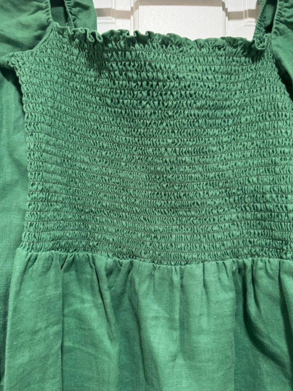 Reformation Greyson Green Smocked Square-Neck Linen Mini Dress with Puff Sleeves - Picture 6 of 7